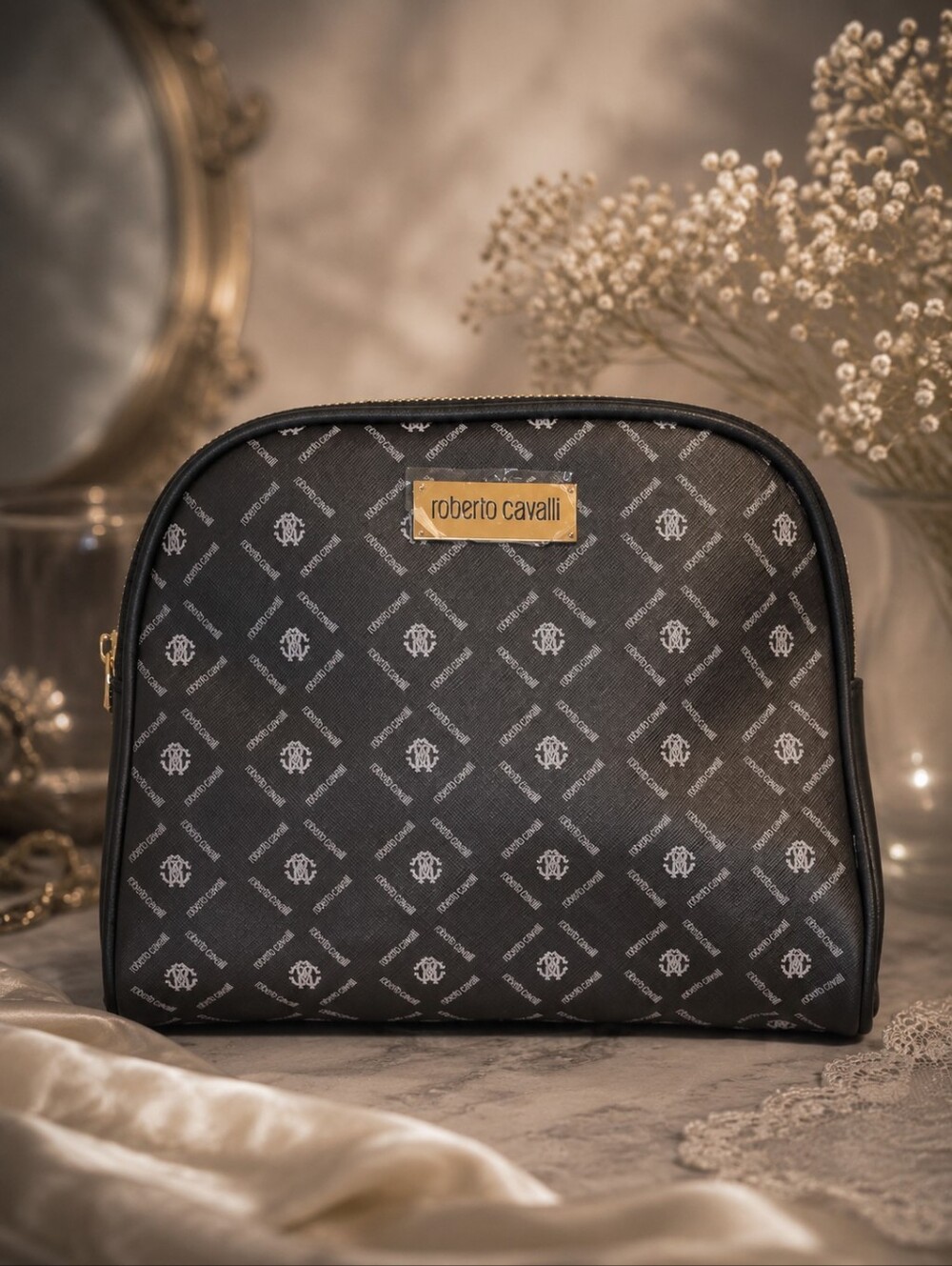 🕯Roberto Cavalli Monogram Cosmetic Travel Case Vanity Bag w/ Travel Bottles NEW